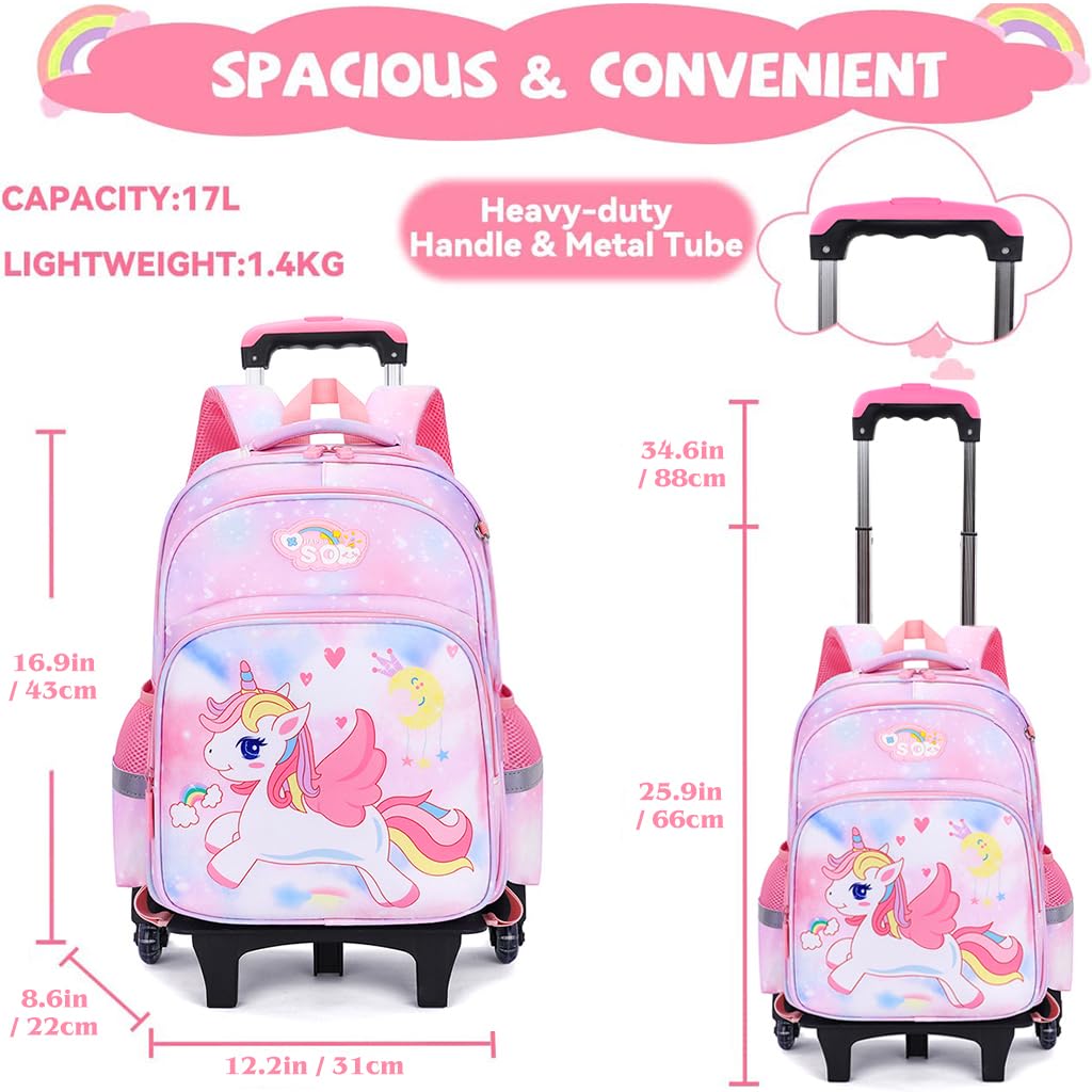 PALAY® School Bags for Girls Kids Unicorn Bags for Girls School Bags on Wheel Detachable Wheel Stand Gift School Bag for Girls Primary