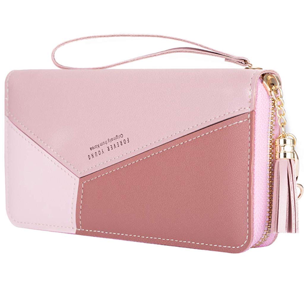 SANNIDHI® Women's Long Wallet Tassel PU Leather Multi- Slots Girls Zipper Coin Large Purse Wallet for Women(Pink)