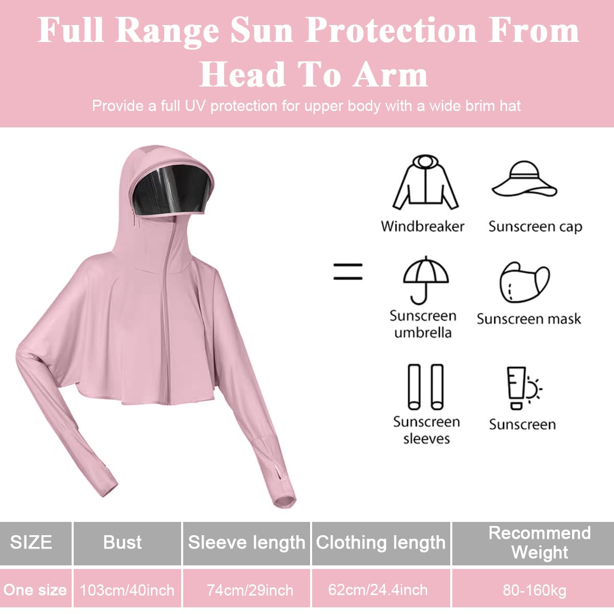 PALAY® Sun Protection Clothing Women UPF 50+ Protective Sun Protection Clothing Long Sleeve Ice Silk Protective Sun Protection Clothing with Removable Sun Visor, Pink