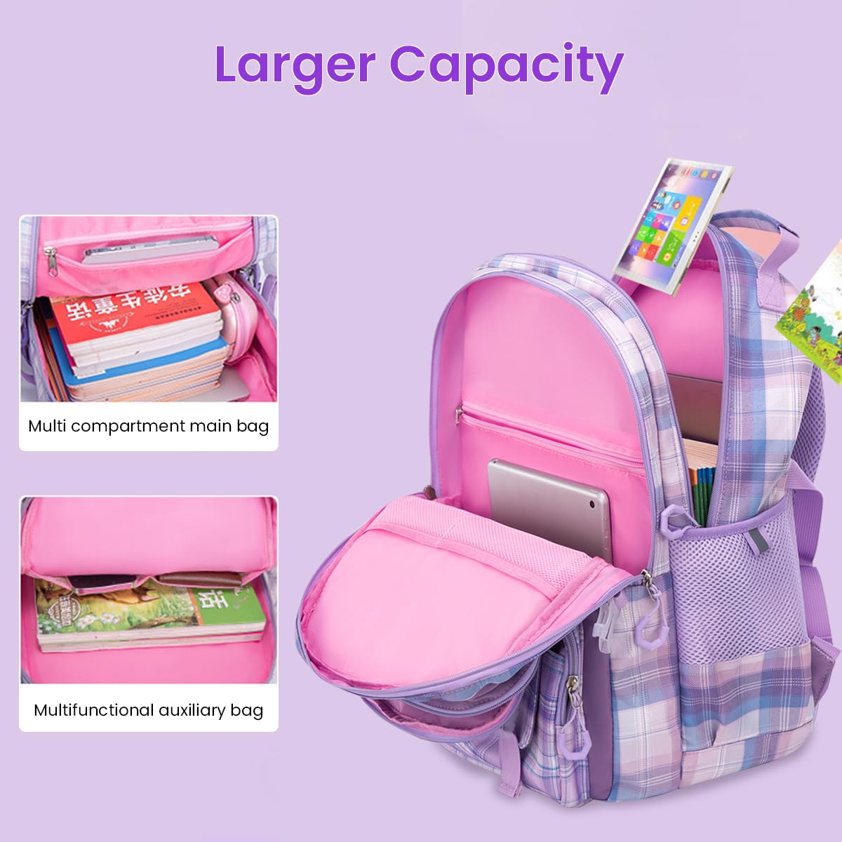 PALAY School Backpack for Girls with 28×17×41cm Multi Layer Design and Ergonomic Back | Oxford Cloth Purple Set