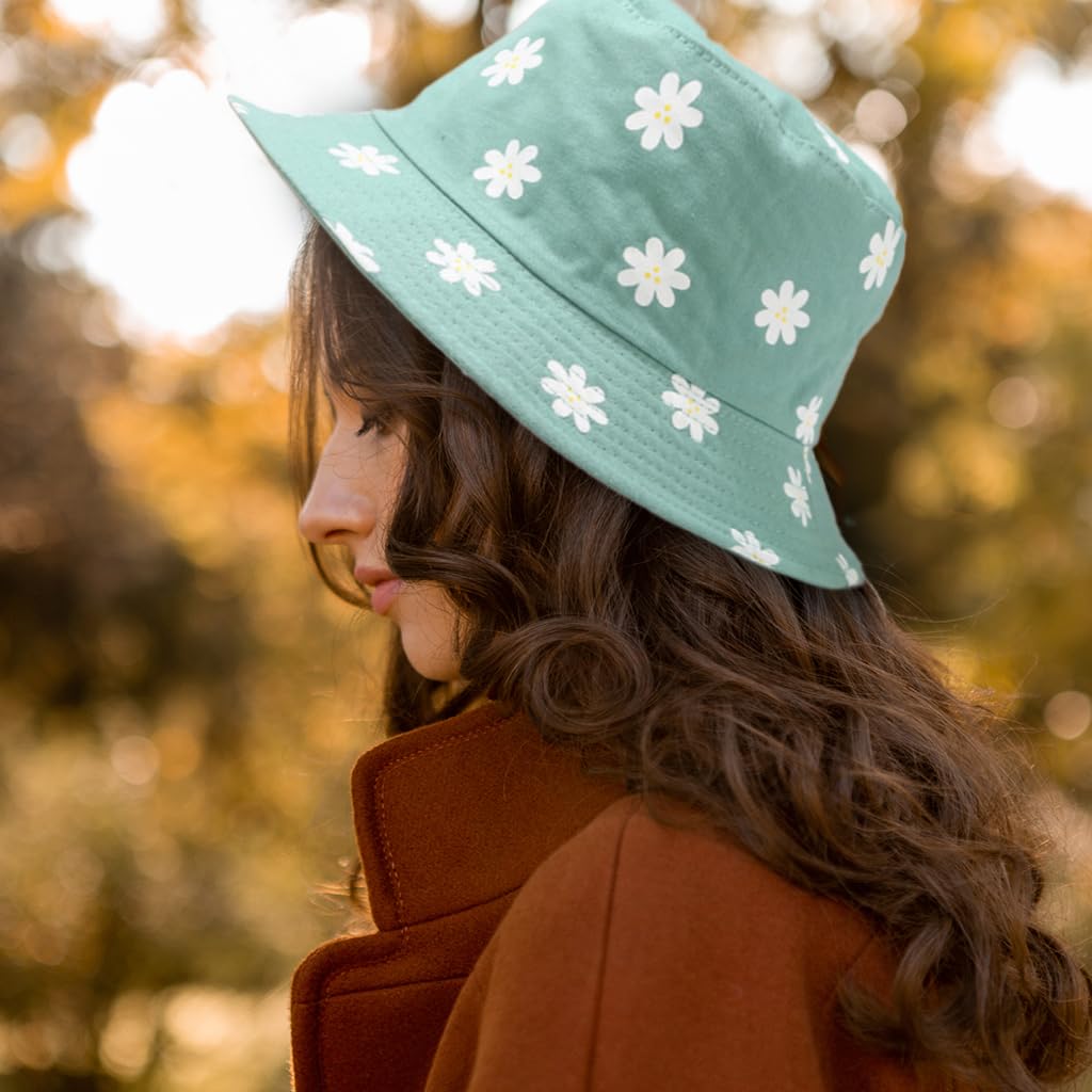 PALAY Sun Hat for Women featuring Reversible Design and Wide Brim Cotton Comfort | Mint Green Daisy 58cm