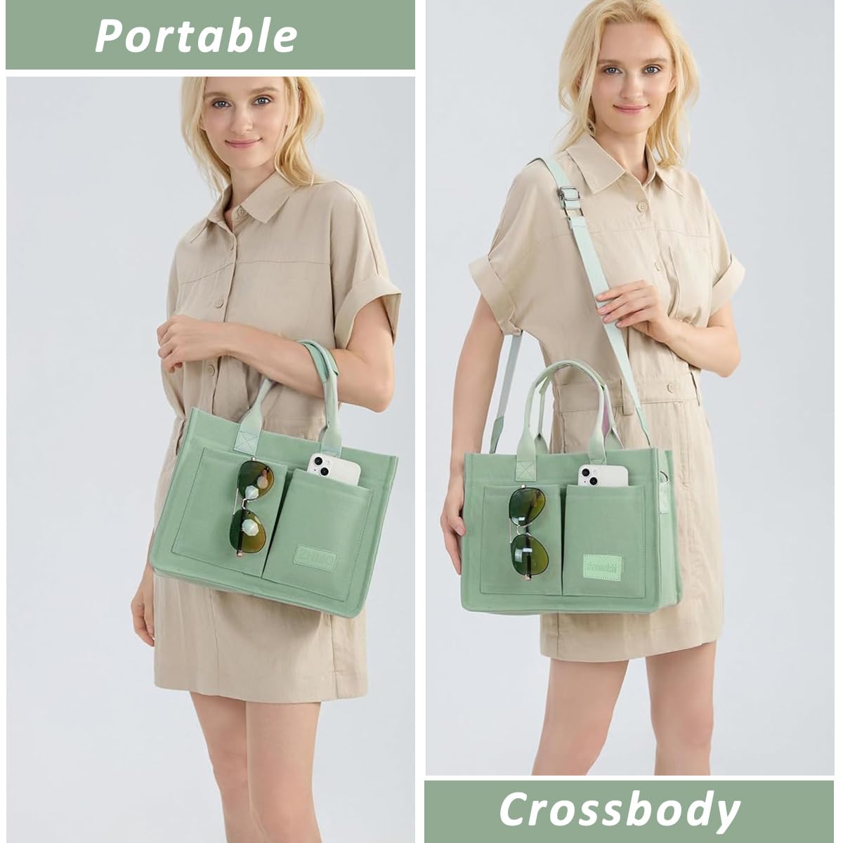 PALAY® Casual Tote Bag for Women Multi Pockets Canvas Hand Bag with Removable Shoulder Strap Crossbody Tote Bag Chic Mint Green Canvas Day Bag Tote Bag for Commuting