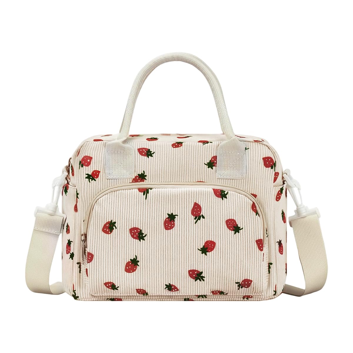 PALAY® Lunch Bag for Office Insulated Strawberry Corduroy Tiffin Bag with Removable Shoulder Strap School Travel Lunch Storage Bags for Women Girls