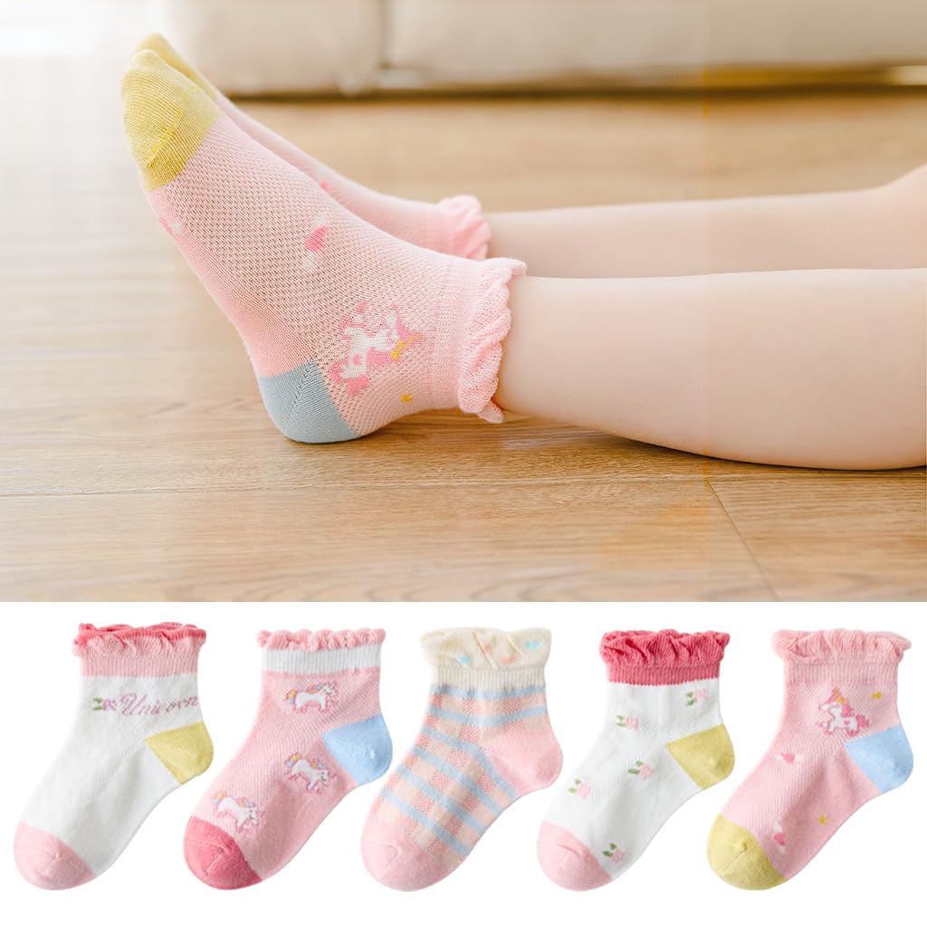 PALAY® 5 Pairs Kids Socks Girls Regular Socks Breathable Cotton Mesh Socks Home Socks Cartoon Unicorn Cotton Socks For Girls 6-8 Years Old, Multi