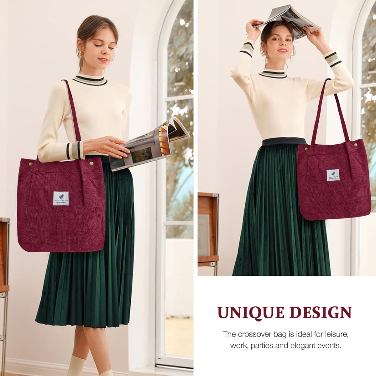 PALAY Tote Bag for Women featuring Reinforced Handles and Corduroy Fabric in Burgundy | 2PCS Set