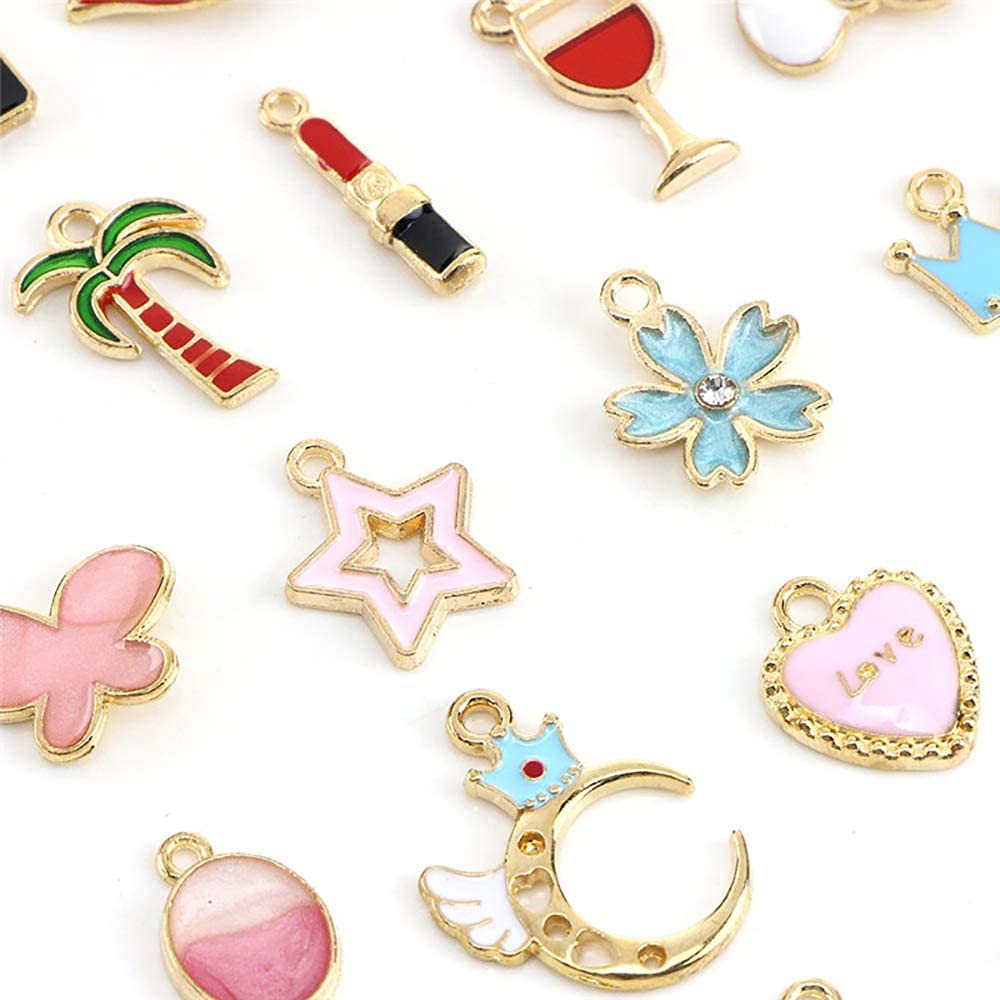 PALAY Charms for Bracelet Making featuring Gold Plated Enamel Animal Moon Star Designs 120PCS