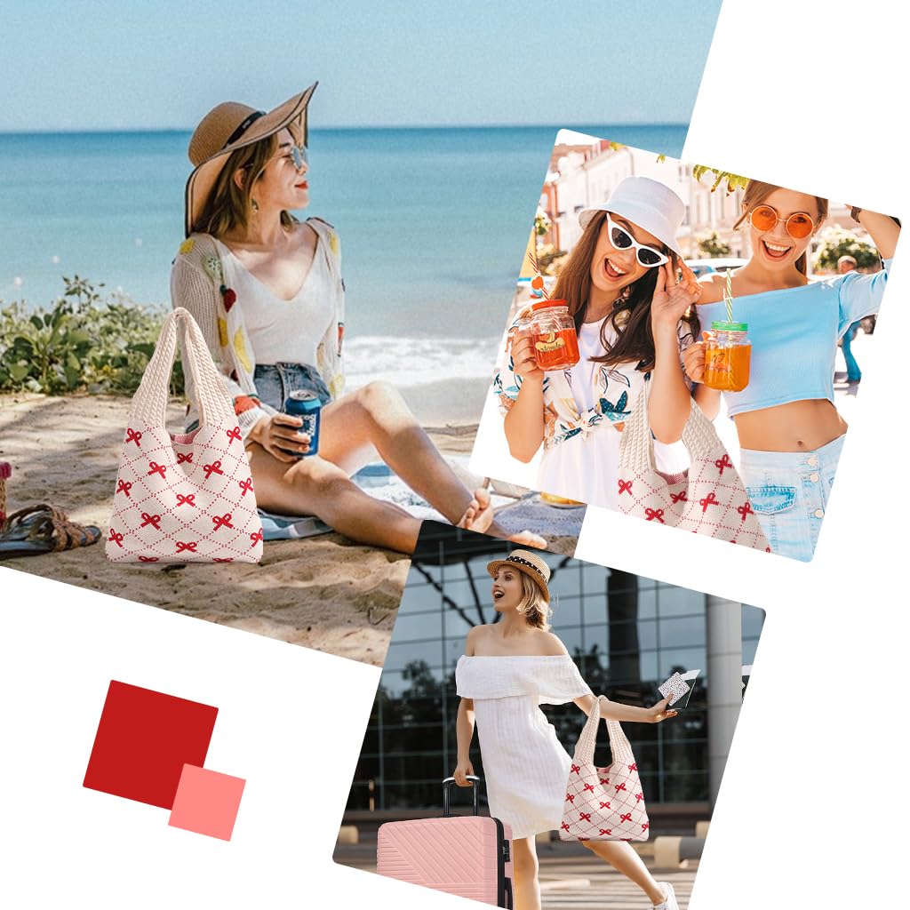 PALAY Crochet Tote Bag for Women featuring Red Bow Design and 35x36cm Knitted Style | Lightweight Shoulder Handbag for Travel