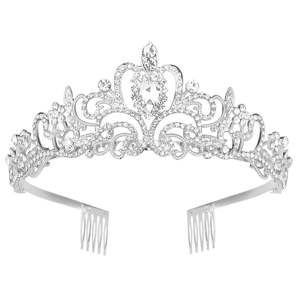 PALAY Tiara Crown for Wedding and Party with Side Combs featuring 13cm Width | Silver Crystal Headband for Women and Girls