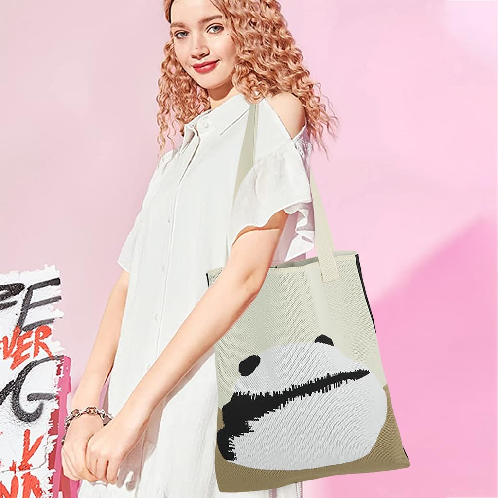 PALAY Hand Bags for Women 30.5 x 37 cm with Double Side Knitting Panda and Flower Design | Acrylic Crochet Tote for Office and College Use