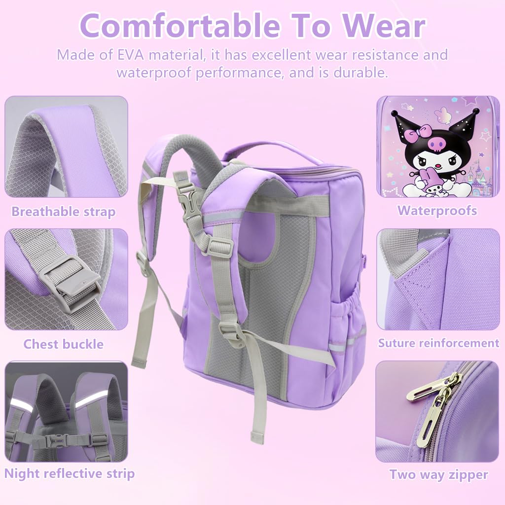 PALAY Kuromi Backpack for School Girls 7–12 with Multi Layer Storage and Ergonomic Straps