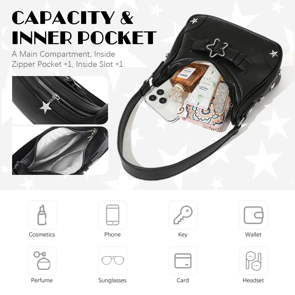 PALAY Shoulder Bag for Evening and Casual Use with Star Rivets 21.5x5.7x11cm Black | PU Handbag for Women