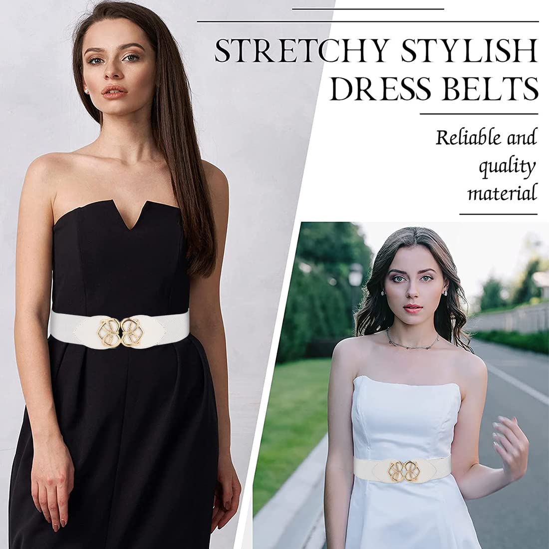 PALAY Women Retro Wide Elastic Waist Belt featuring Alloy Buckle 63cm White for Dresses