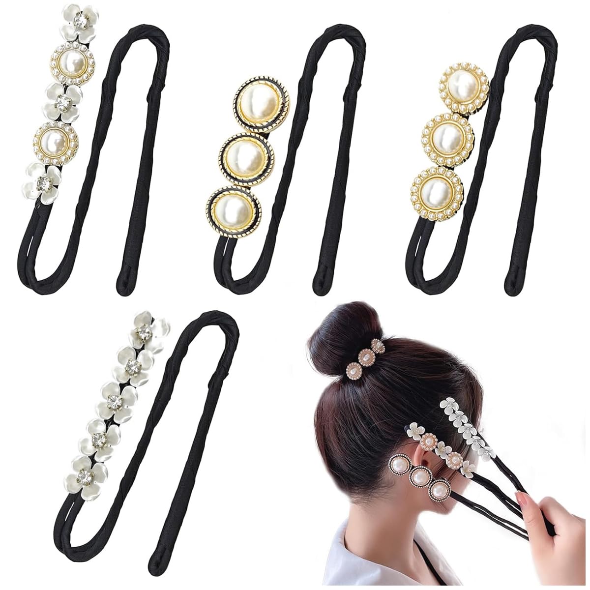 PALAY® 4pcs Hair Bun Maker for Hair Flower Pearl Easy Hair Bun Shaper Stylish Rhinestone French Hairstyle Twist Hair Bun Accessories for Women Girls Daily, Party, Wedding