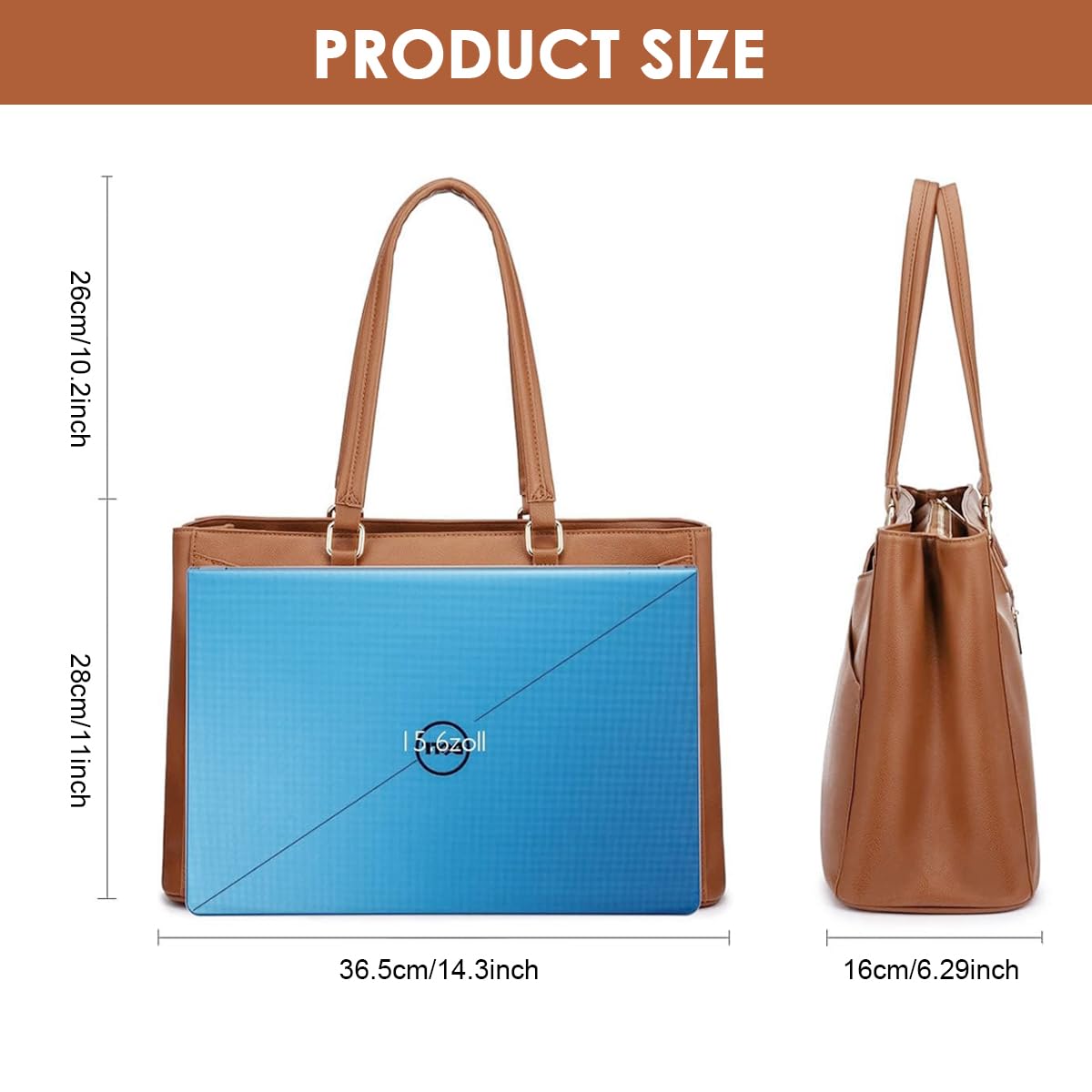 PALAY Tote Bag for Women with 15.6 in Laptop Compartment and Waterproof PU Leather | Brown Office Handbag