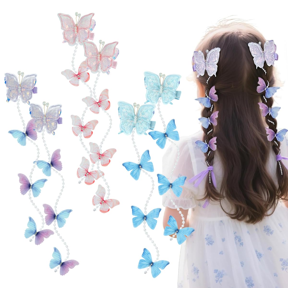 PALAY Pearl Butterfly Kids Hair Clips for Girls with Beaded Charms and Easy Clip-On Design | 6Pcs in Pink Blue and Purple