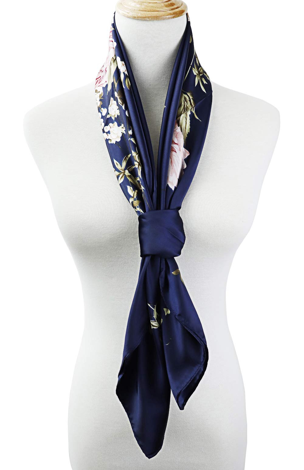 PALAY Square Scarf for Women with 35 x 35 in Size and Satin Silk Like Fabric in Navy Blue