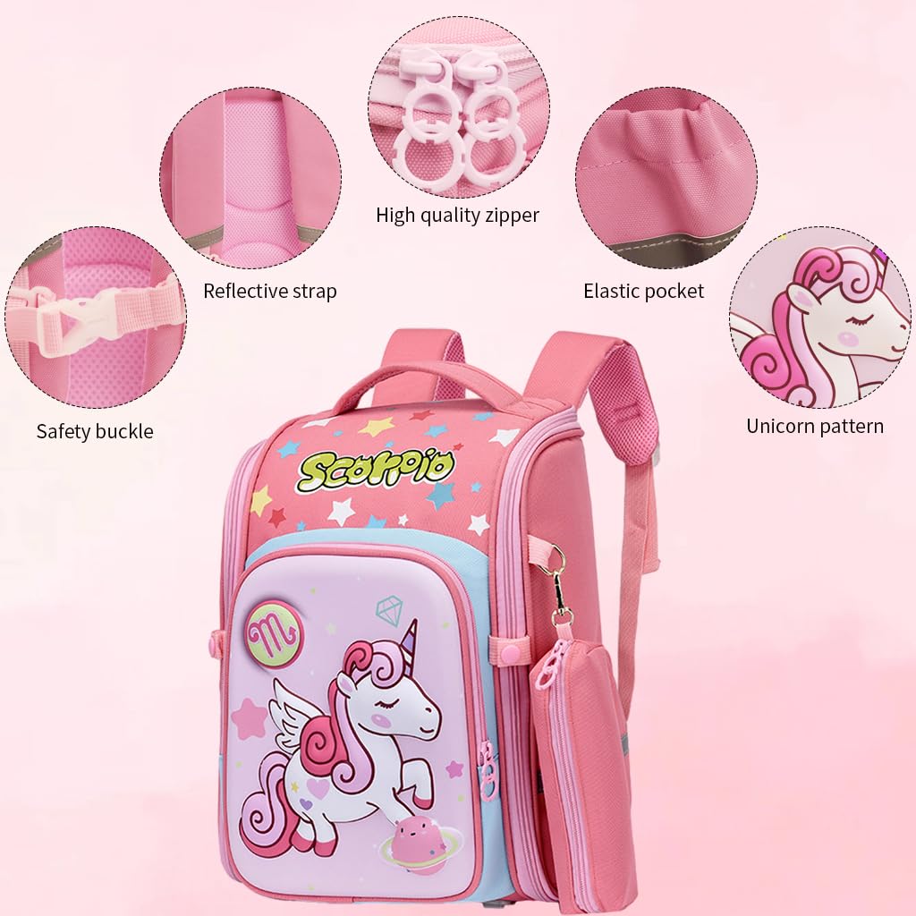 PALAY Unicorn Cartoon School Backpack for Girls with 27x17x39cm Dual Zipper Design | Ergonomic Burden‑Relief Pink Bag