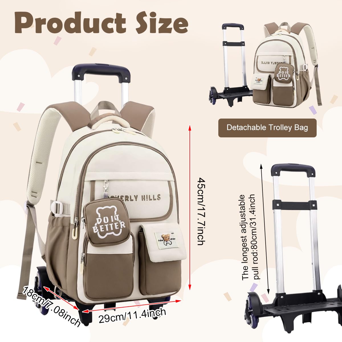 PALAY School Backpack with Wheels for Kids featuring Detachable 6-Wheel Trolley | Khaki Design