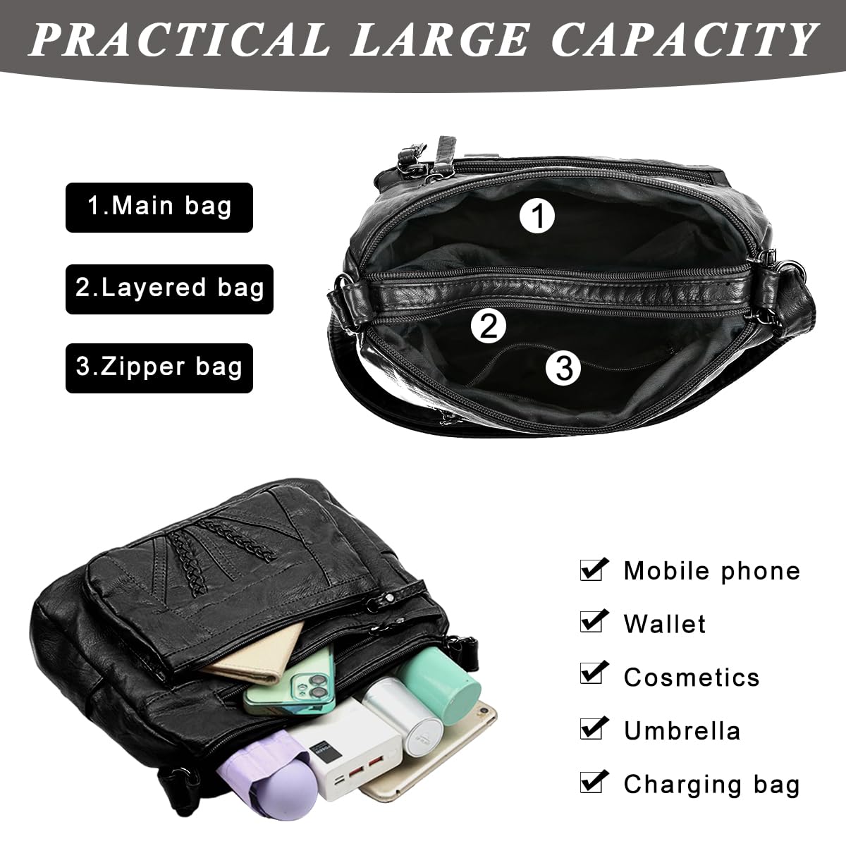 PALAY Shoulder Bag for Women with Multi Layer Compartments 28x10x22cm PU Leather | Crossbody and Travel Tote