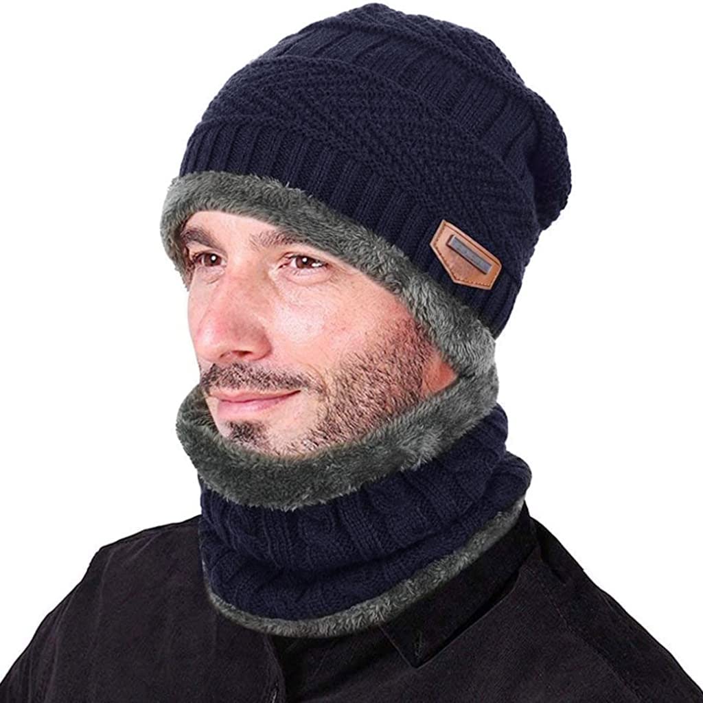 PALAY Knitted Hat and Scarf Set for Winter with Plush Edging and Fleece Lining | Navy Blue