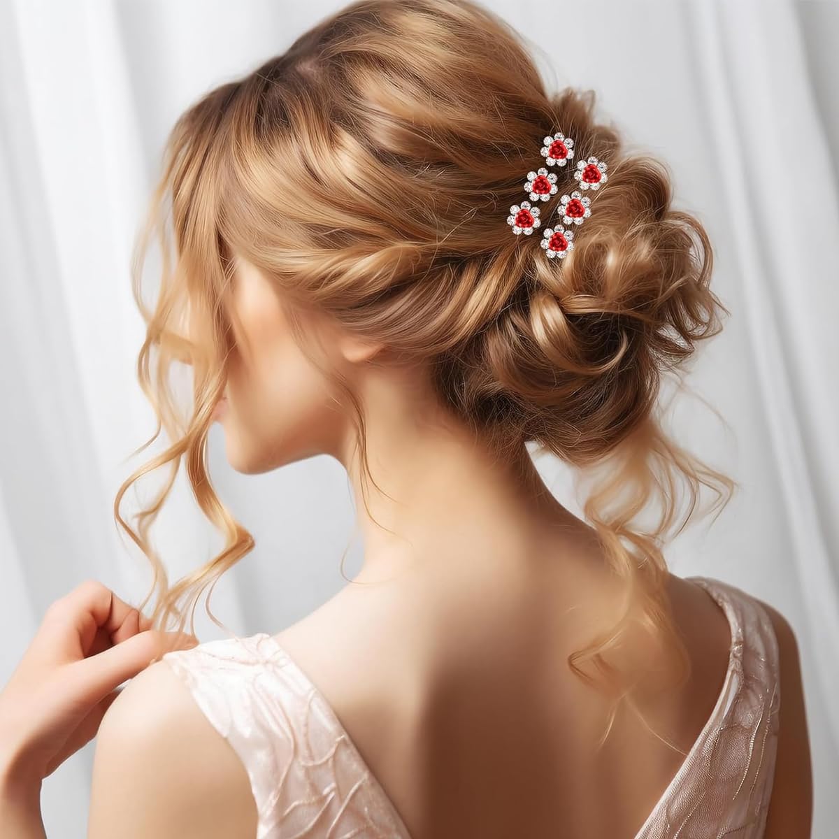 PALAY Flower Hair Accessories for Women with 20 Red Rose Crystal Pins | Elegant Bridal Hair Clips