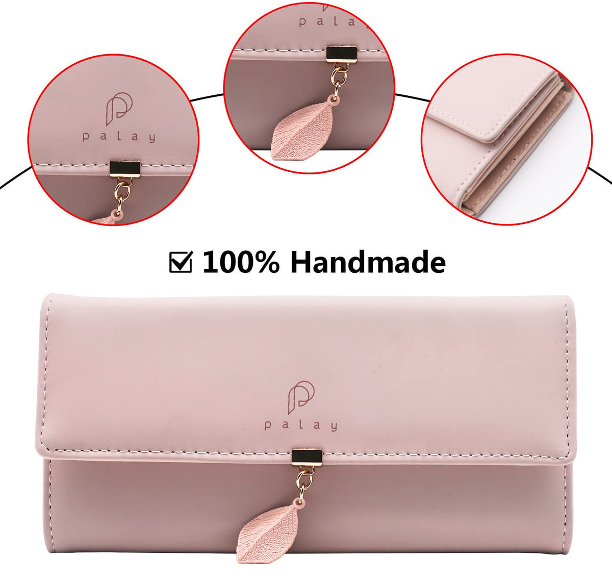 SANNIDHI® Women's PU Leather Long Wallet with Leaf Pendant Card Holders Phone Pocket Girls Zipper Coin Purse (Pink)