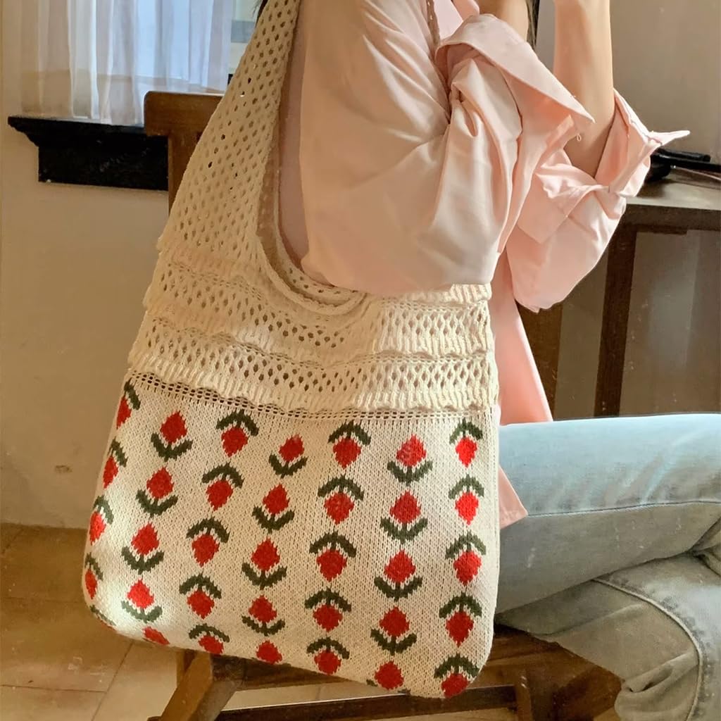 PALAY Knitting Tote Bag for Everyday Use with Patchwork Handle and Fringe | Beige 27.9 x 37.8 x 2 cm