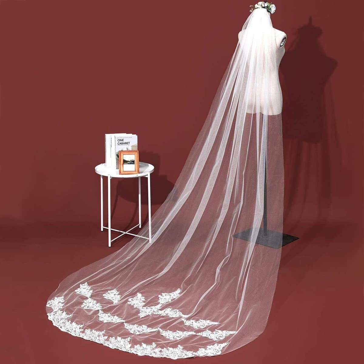 PALAY Bridal Veil for Wedding featuring 3m Cathedral Length Tulle with White Lace Edge | Elegant 1 Tier Design