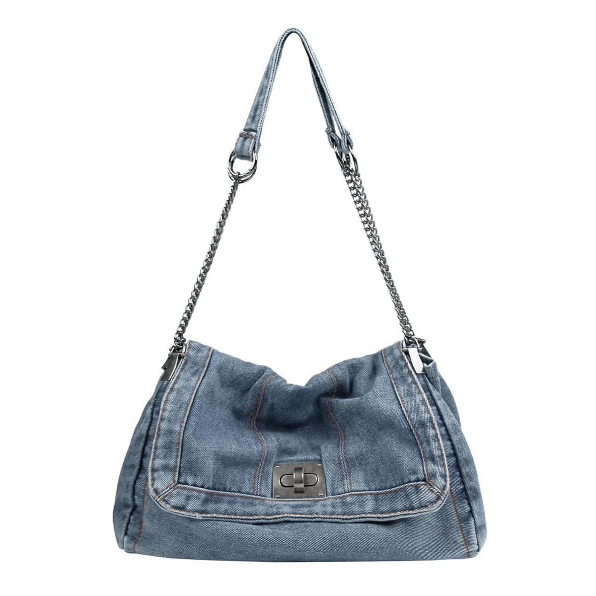 PALAY Vintage Hobo Bag for Women featuring Twist Lock Metal Closure and Soft Denim 33x12x21cm