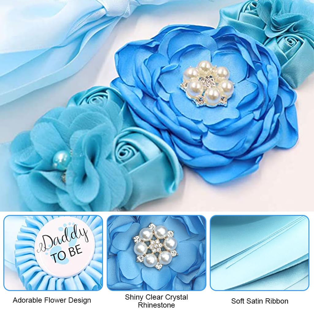 PALAY Mom to Be Flower Sash Set for Baby Shower with 70 in Belt and Blue Chiffon Flowers | Daddy to Be and Mommy to Be Pins