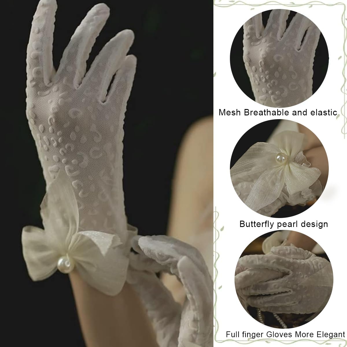 PALAY Wedding Gloves for Bride with 10.5 in Length and Elastic Cuffs | White Lace Floral Design