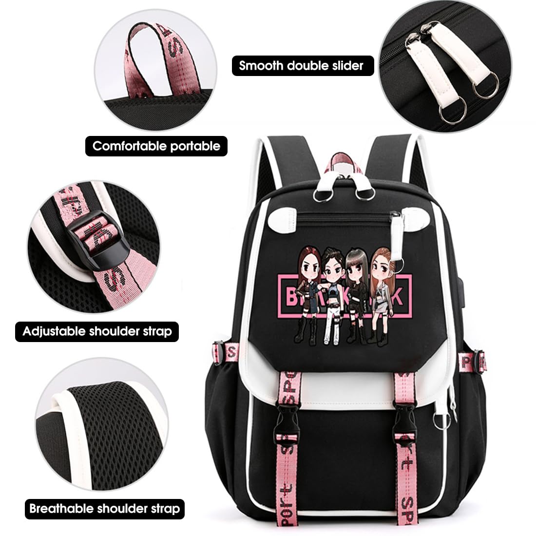 PALAY® Blackpink School Backpack For Girls School Bag With Usb Charging & Headset Port Kpop Idol Print Laptop Backpack College School Bookbag For Boys