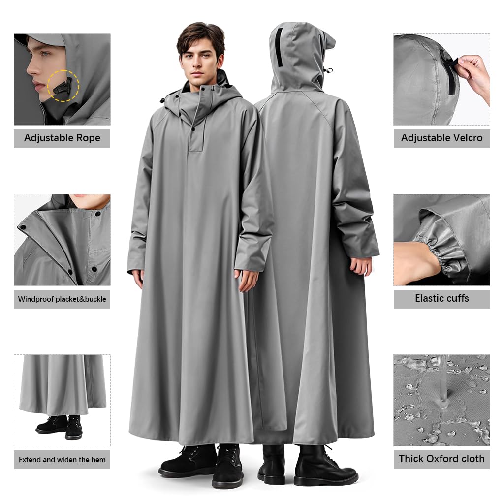 PALAY Long Rain Coat for Hiking and Travel featuring 128cm Length with Wide Brim Hood | Waterproof Oxford Cloth Unisex Poncho