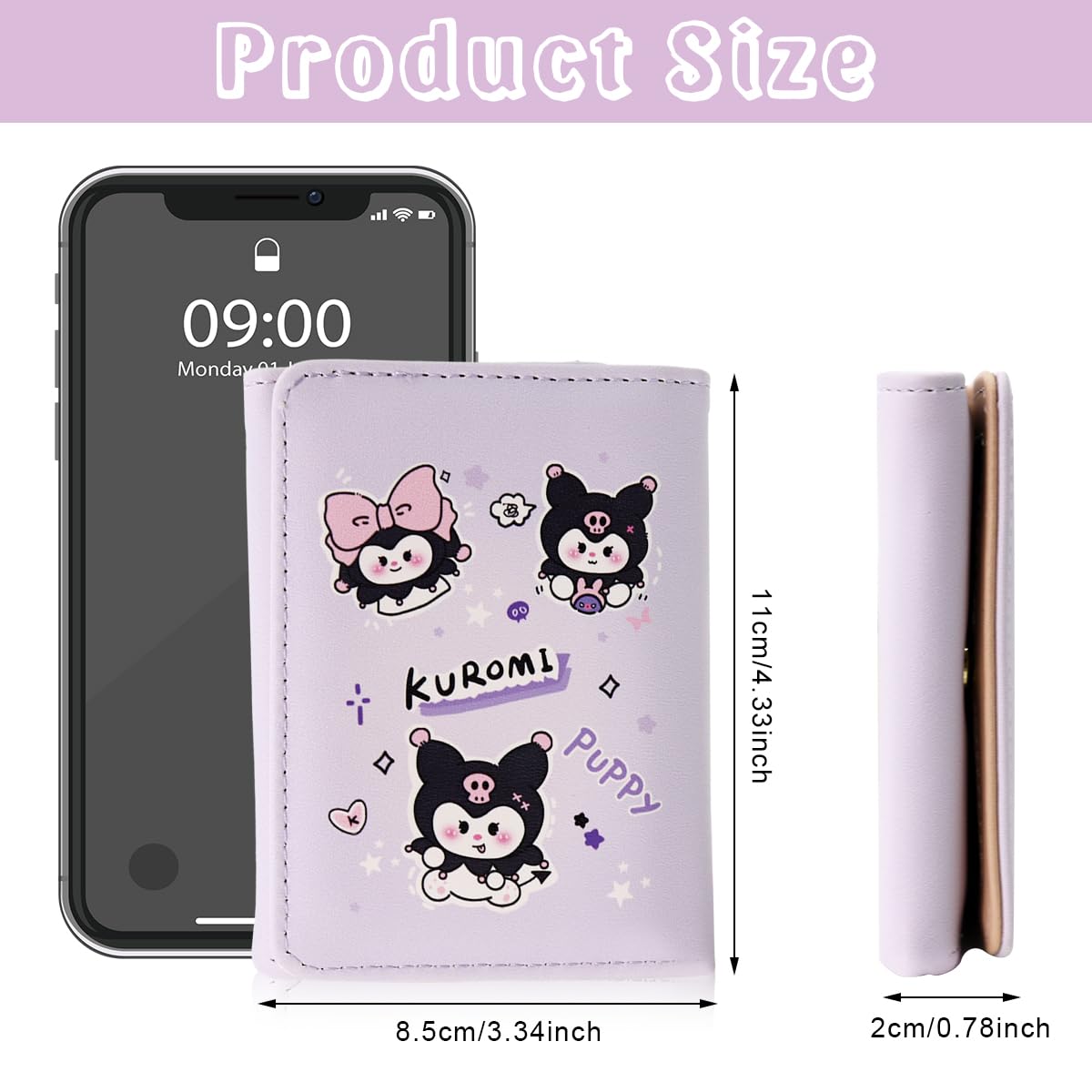 PALAY Girls Wallet featuring Kawaii Sanrio Kuromi Cartoon Design in Purple 3PCS Set | Cute Gift