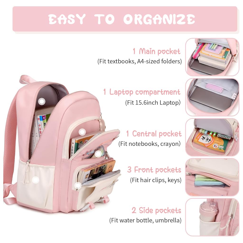 PALAY School Bag for Girls with Multi Zipper Compartments 15.6 in Laptop Space | Oxford Cloth Pink Backpack