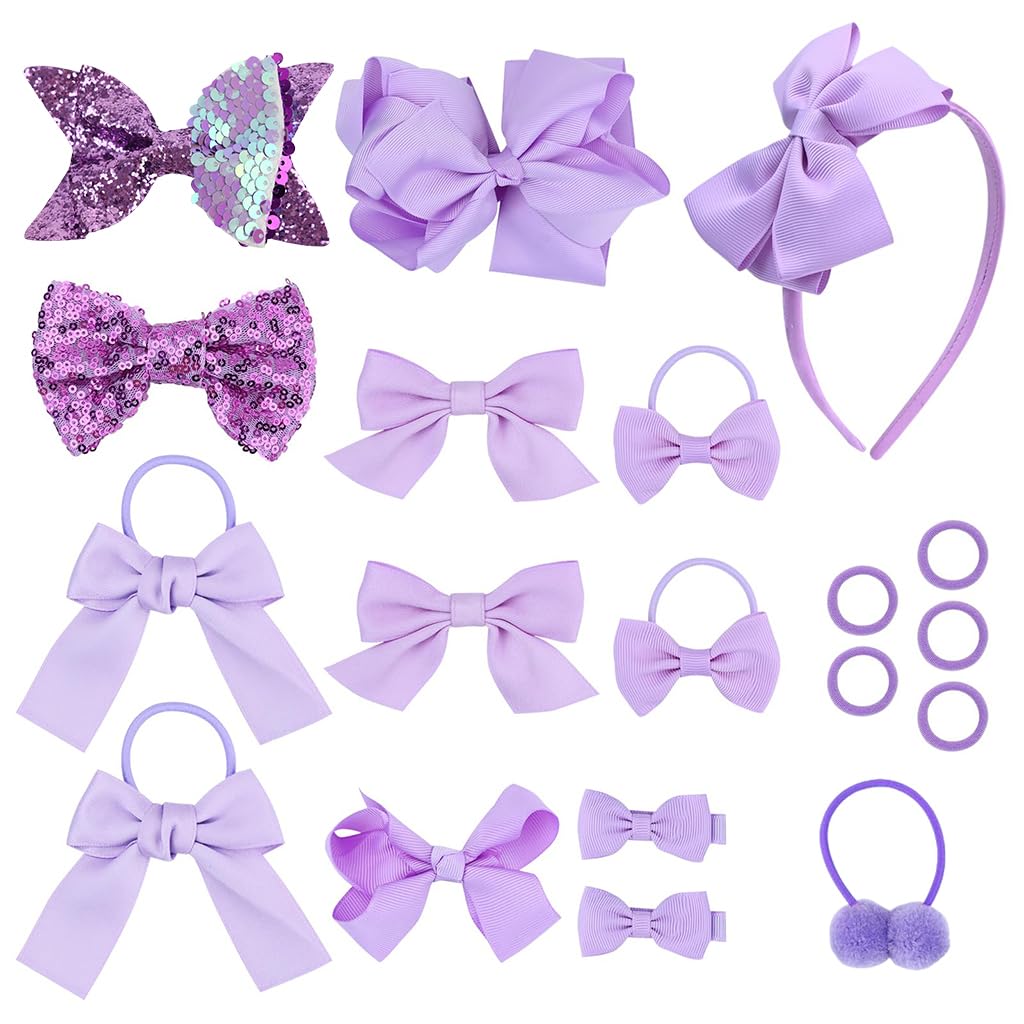 PALAY® Set of 15 Kawaii Bow Hair Accessories for Girls Purple Bow Hair Ties Purple Sequin Bow Barrette Hair Clips Headband Purple Hair Elastics Fashion Princess Girls Hair Accessories Head Pieces