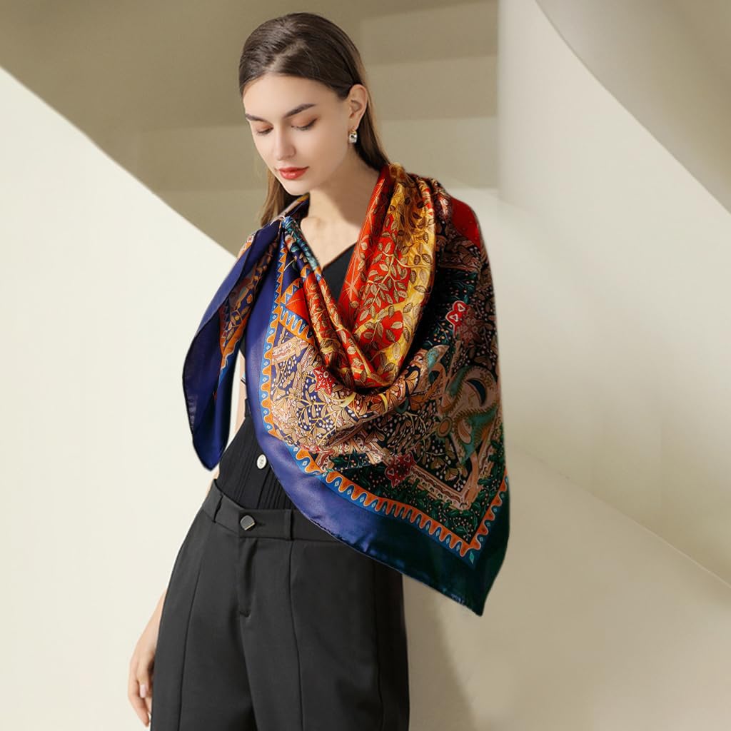 PALAY® Satin Scarf for Women Square Silk Feeling Head Scarf Shawl Waps Comfy Polyester Hair Wrapping Scarves for Women Girls - 43.5×43.5 In (Tree of Life Prints)