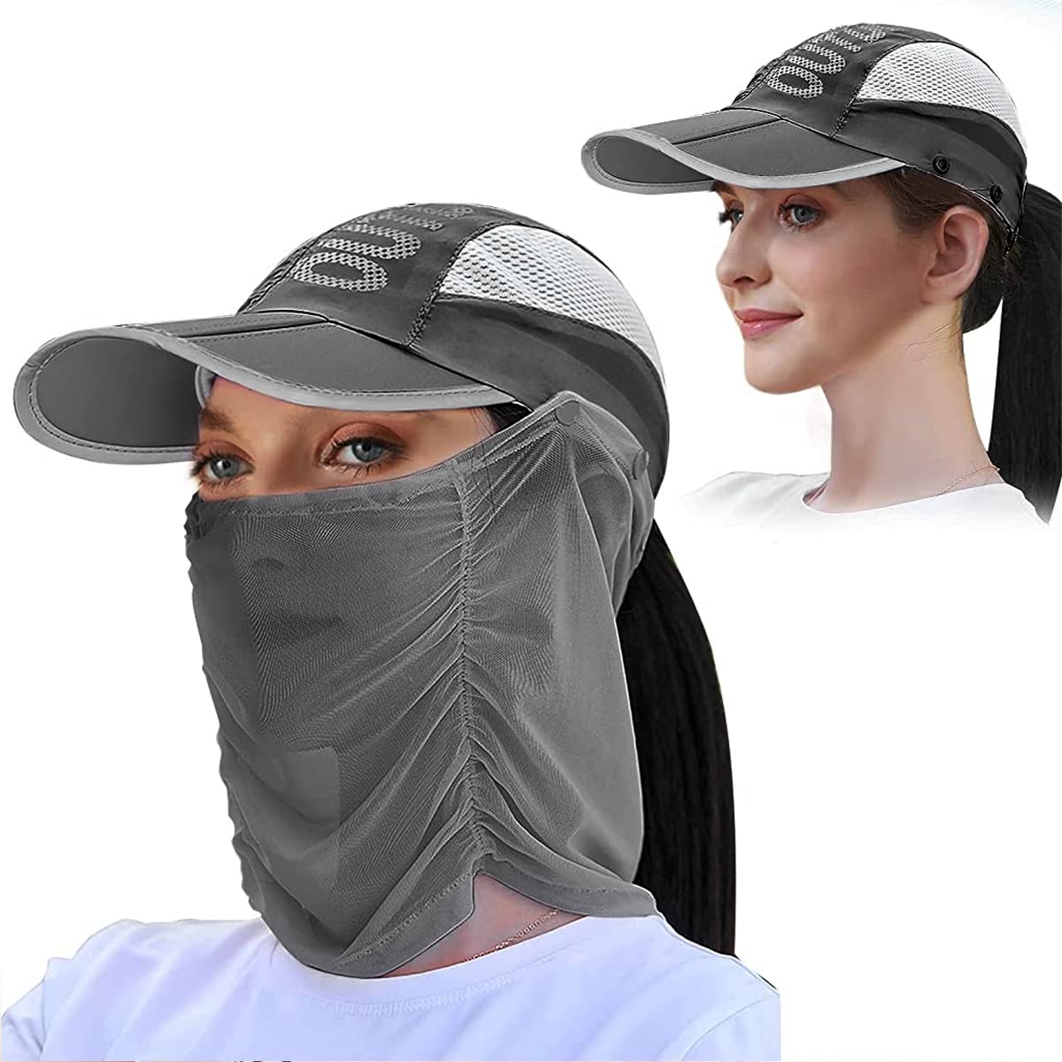 PALAY Sun Hat for Women with Detachable Face and Neck Flap UPF 50+ | Foldable Grey UV Protection Cap