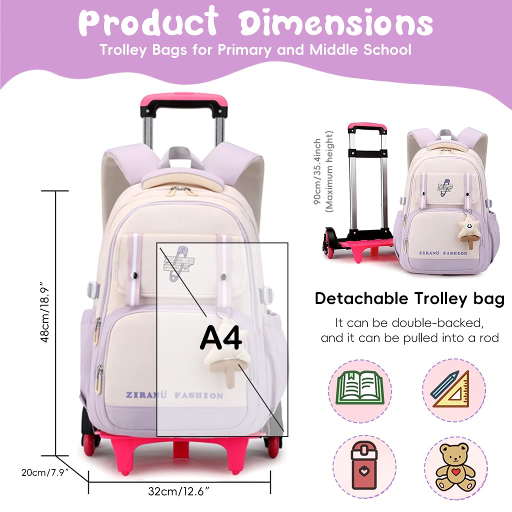 PALAY School Bag for Girls with 6 Wheels featuring Removable Trolley Stand and Handle Bar