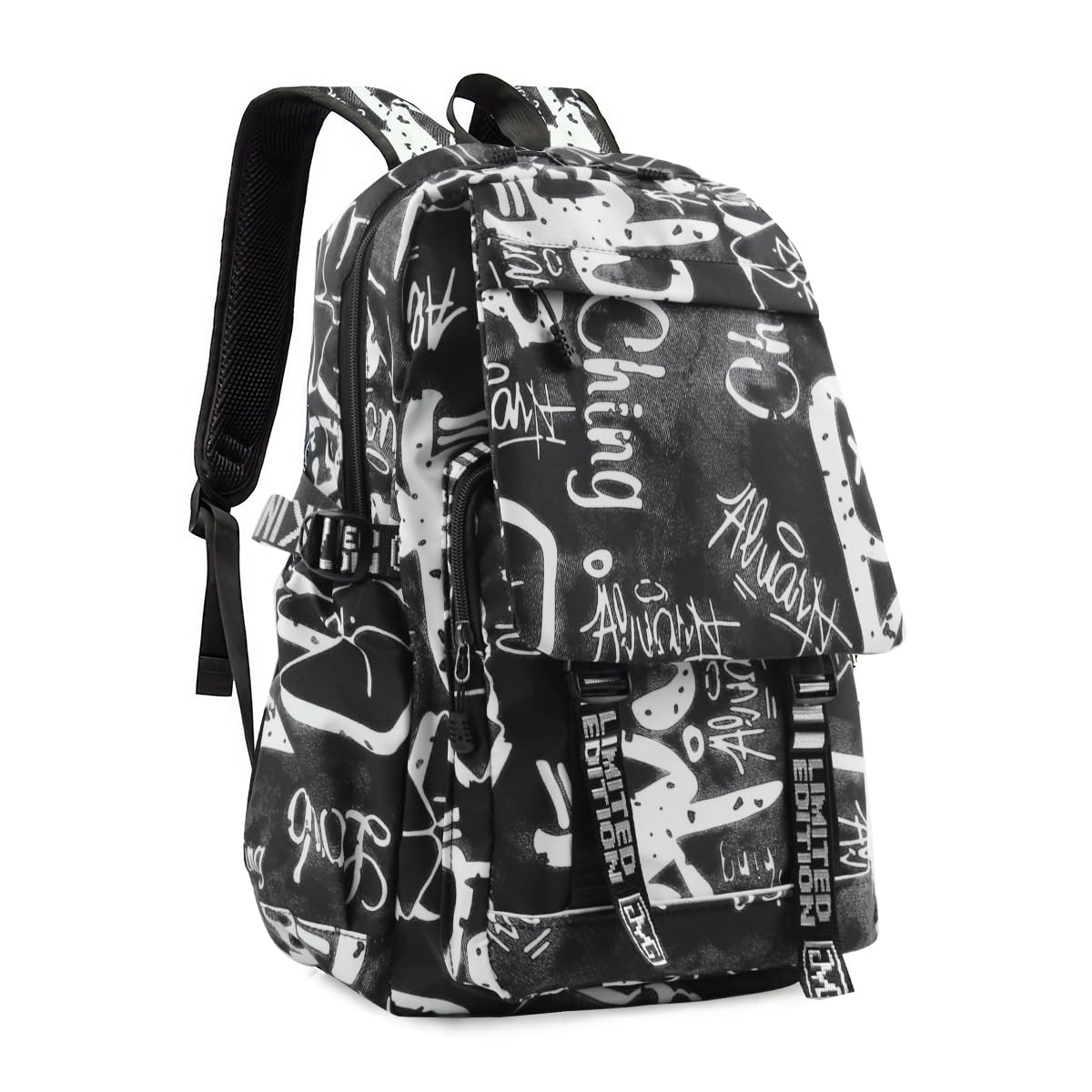 PALAY Travel Backpack for School and Outdoor Trips with Graffiti Print | Black Nylon Laptop Bag