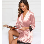 PALAY Women Lingerie Set for Sleepwear and Loungewear featuring 4pcs Silk Lace Robe | Black Bra and Thong