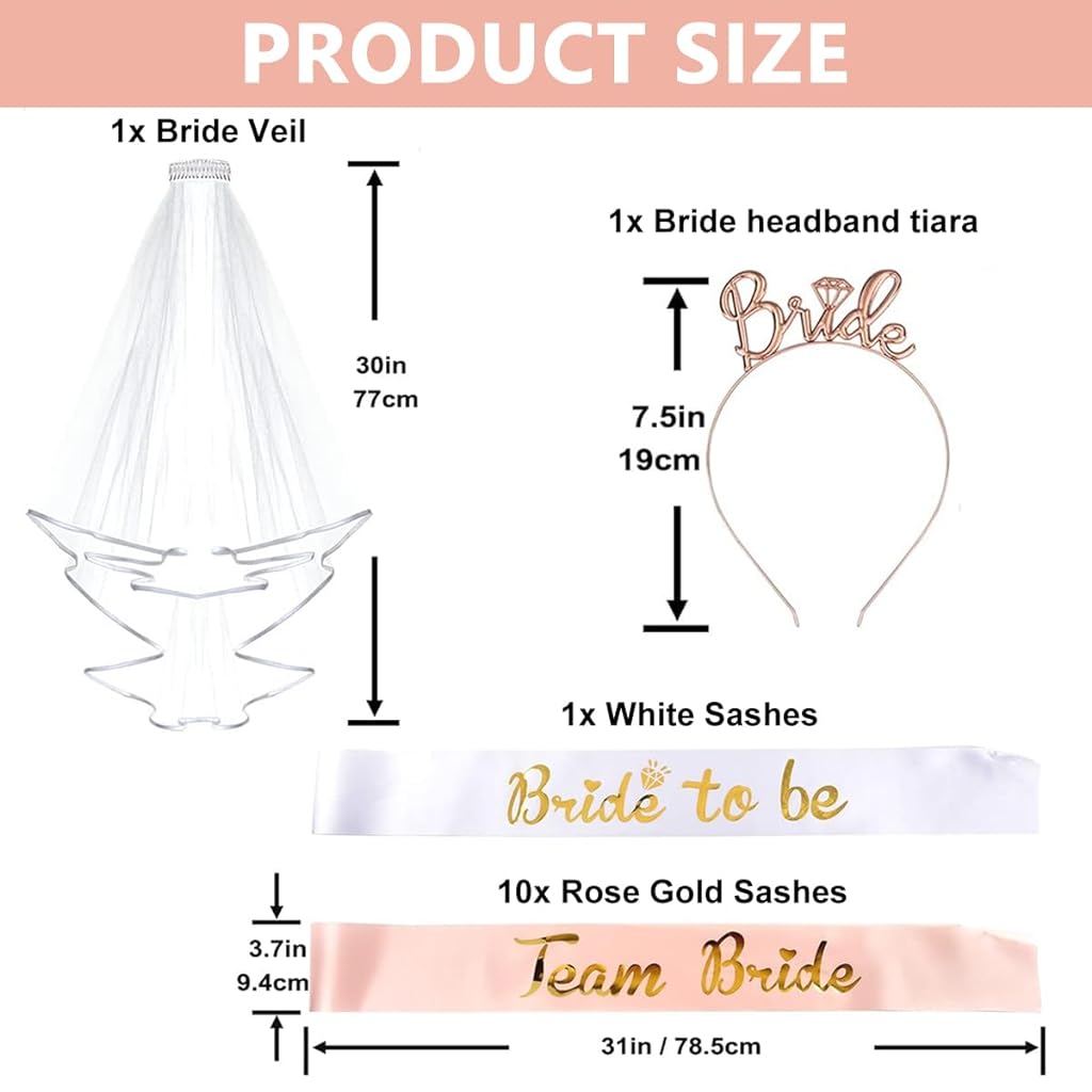 PALAY® Bride to Be Decoration Set Combo, Include 1 Bride to be Sash, 10 Team Bride Sash, Headband Tiara and Veil, Bachelorette Party Supplies Bridal Shower Games Accessories Kit