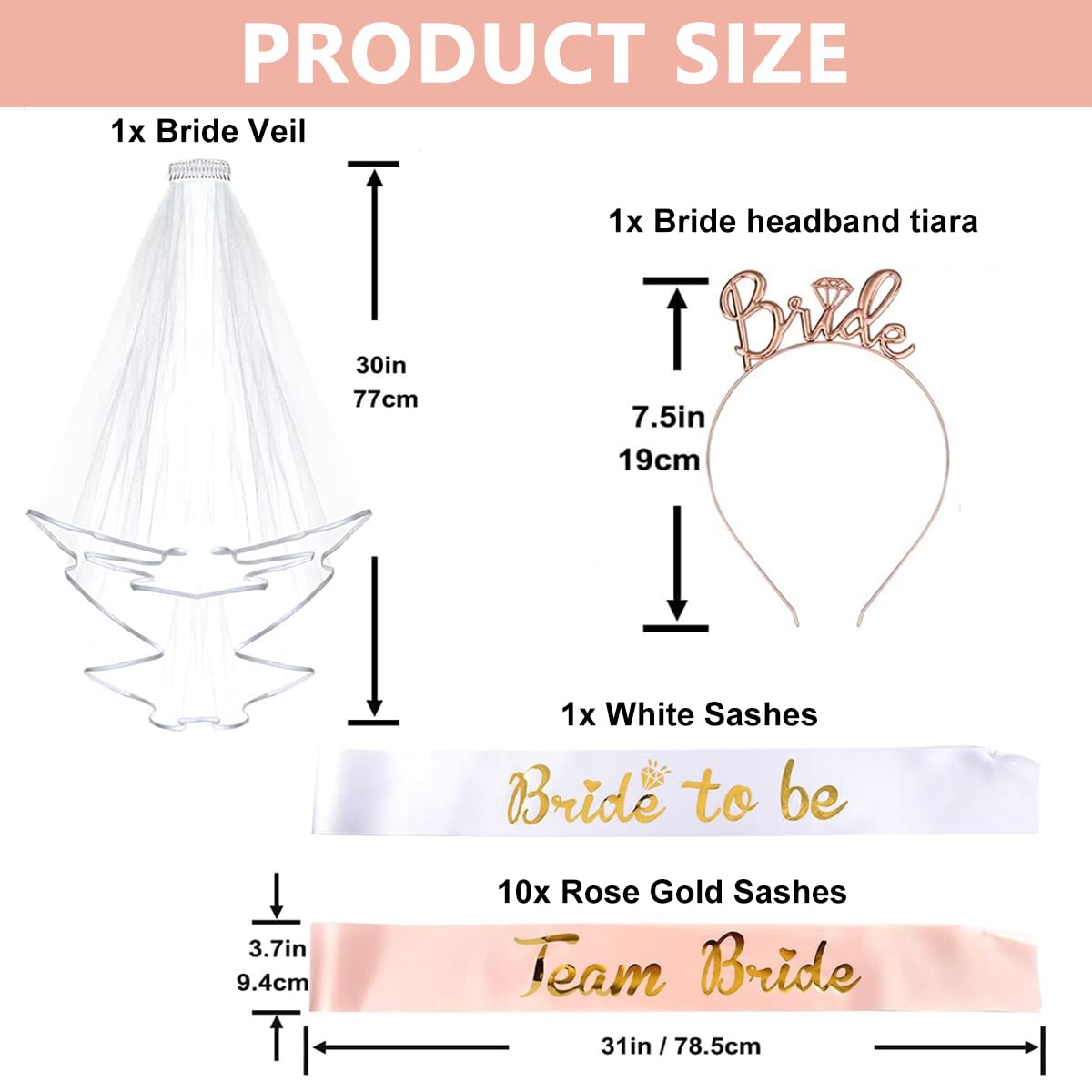 PALAY® Bride to Be Decoration Set Combo, Include 1 Bride to be Sash, 10 Team Bride Sash, Headband Tiara and Veil, Bachelorette Party Supplies Bridal Shower Games Accessories Kit