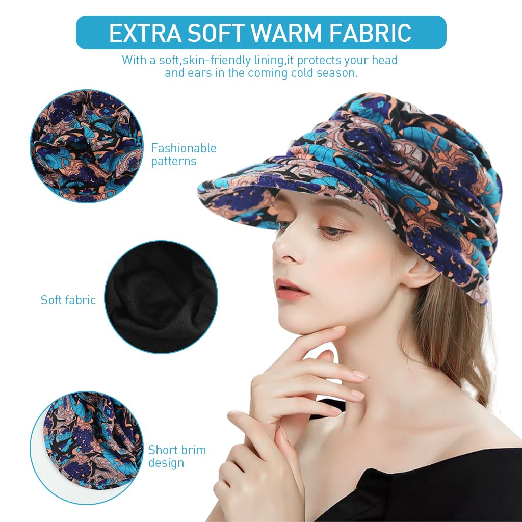 PALAY® Winter Hat Fashion Floral Beanies with Brim Winter Warm Hat Fashion Winter Warm Cap for Ladies