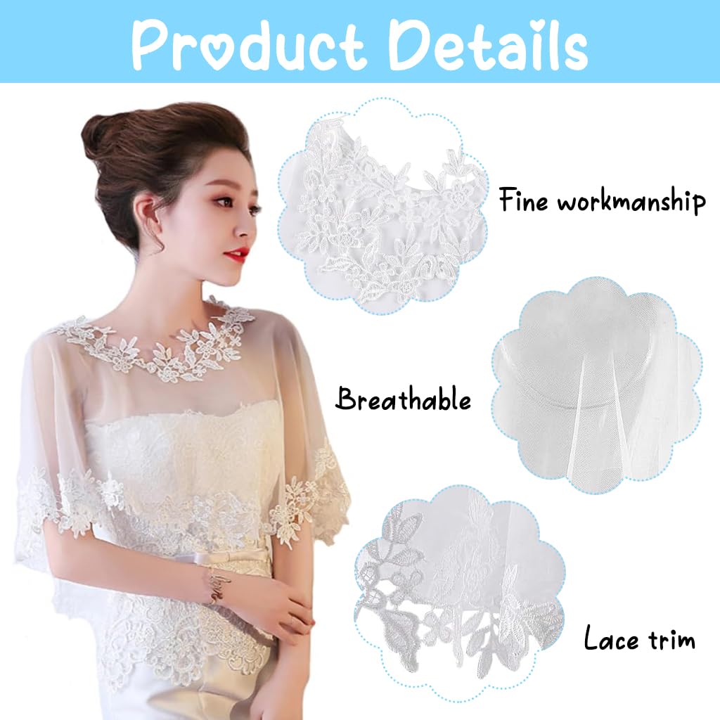 PALAY® Sheer Lace Shawl Elegant White Lace Evening Dress Wrap Shawl Bridal Cape Cover Up Shawl Bridal Shawl Embroidery Floral Edge Lace Shawl for Dresses, Off-Shoulder