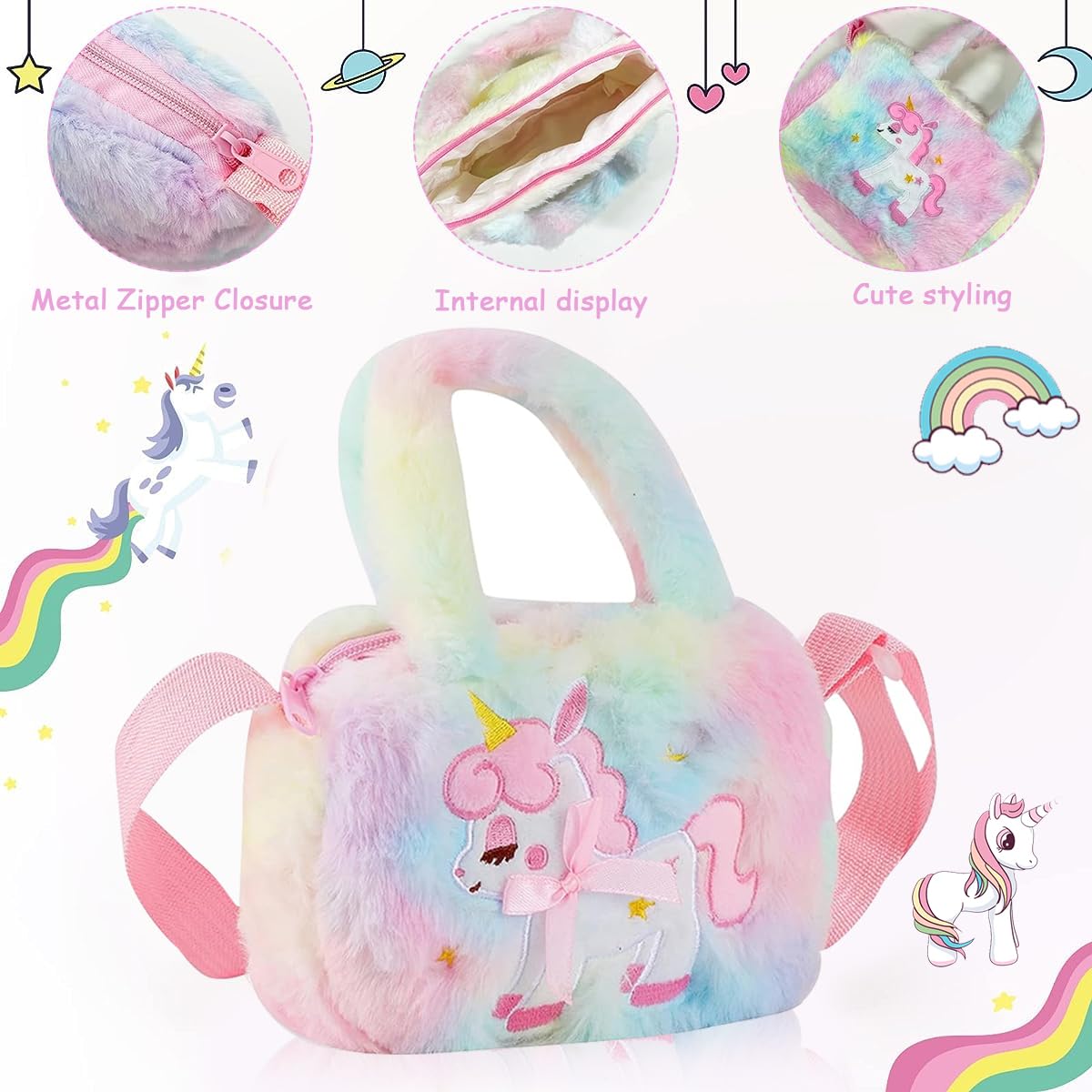 PALAY® Unicorn Crossbody Bag with Jewelry Set for Girls, Princess Plush Handbag Purse Beads Necklace Bracelet Earrings Rings and Stickers Set, Fashion Kids Costume Jewellery Party Dress up Gift