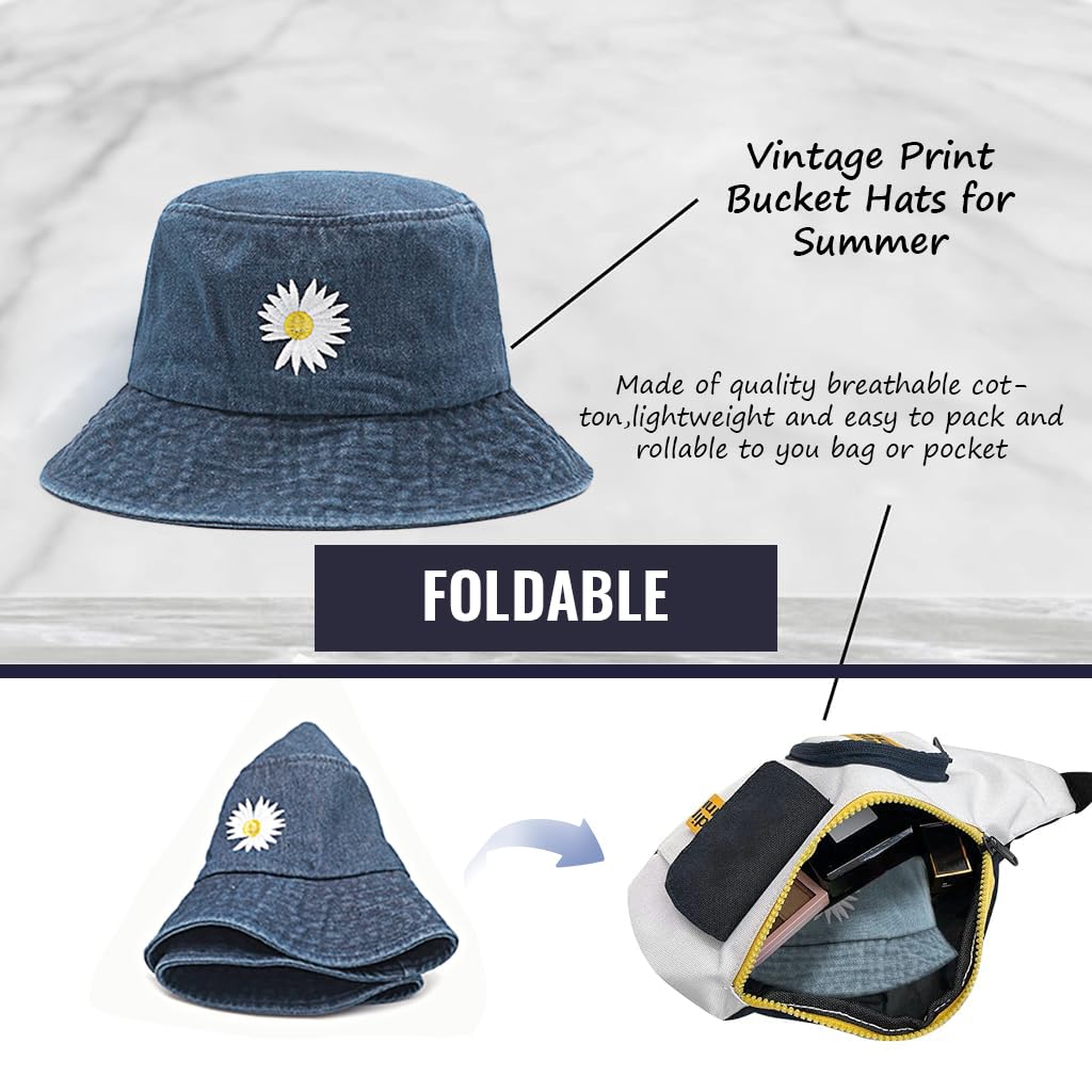 PALAY® Women Bucket Hat Embroidery Daisy Flower Denim Bucket Hat Sun Hat Casual Outdoor Sun Cap Wide Brim Hat