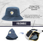 PALAY® Women Bucket Hat Embroidery Daisy Flower Denim Bucket Hat Sun Hat Casual Outdoor Sun Cap Wide Brim Hat