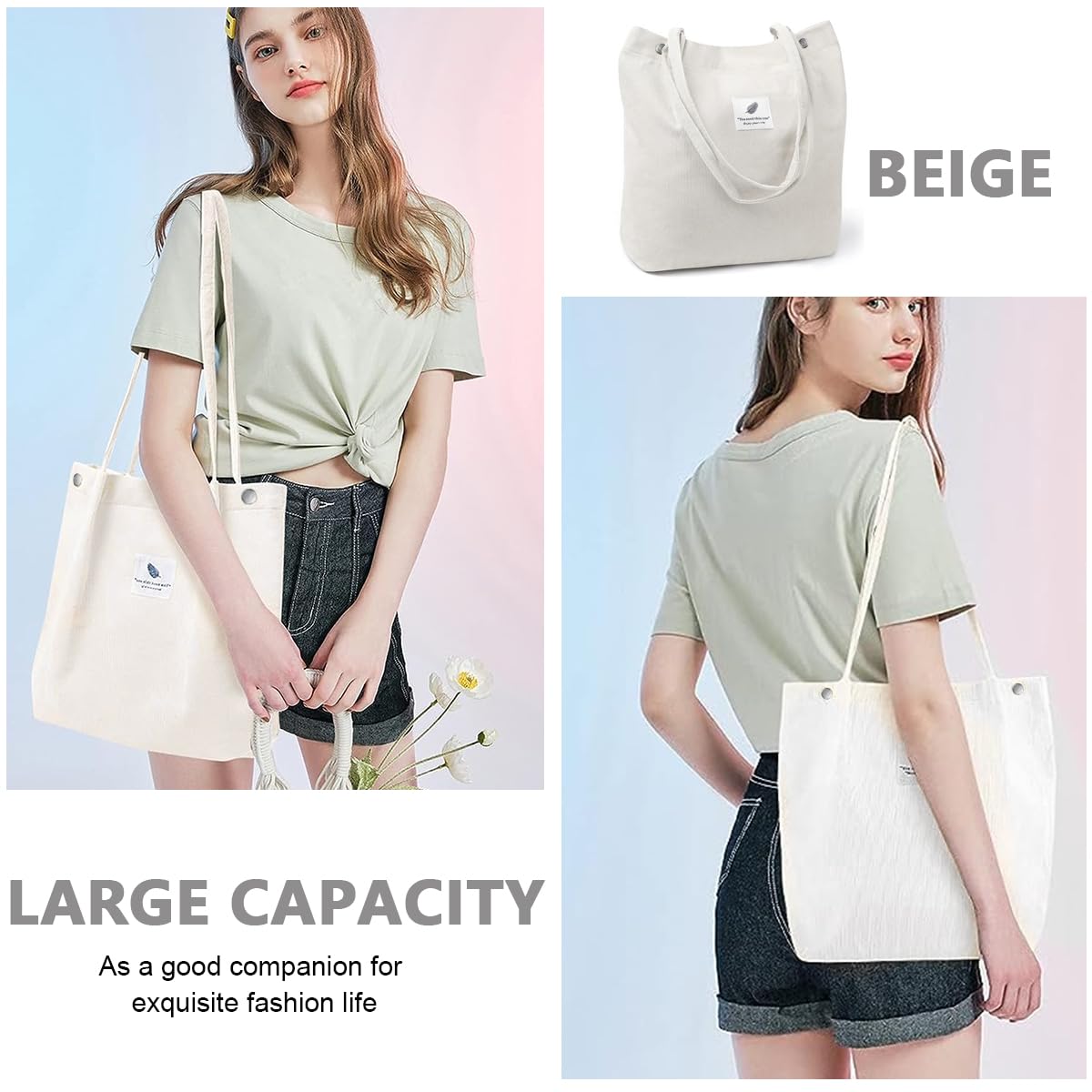 PALAY Tote Handbags for Women featuring Large Capacity Canvas Corduroy Design | White Shoulder Bag for Daily Use