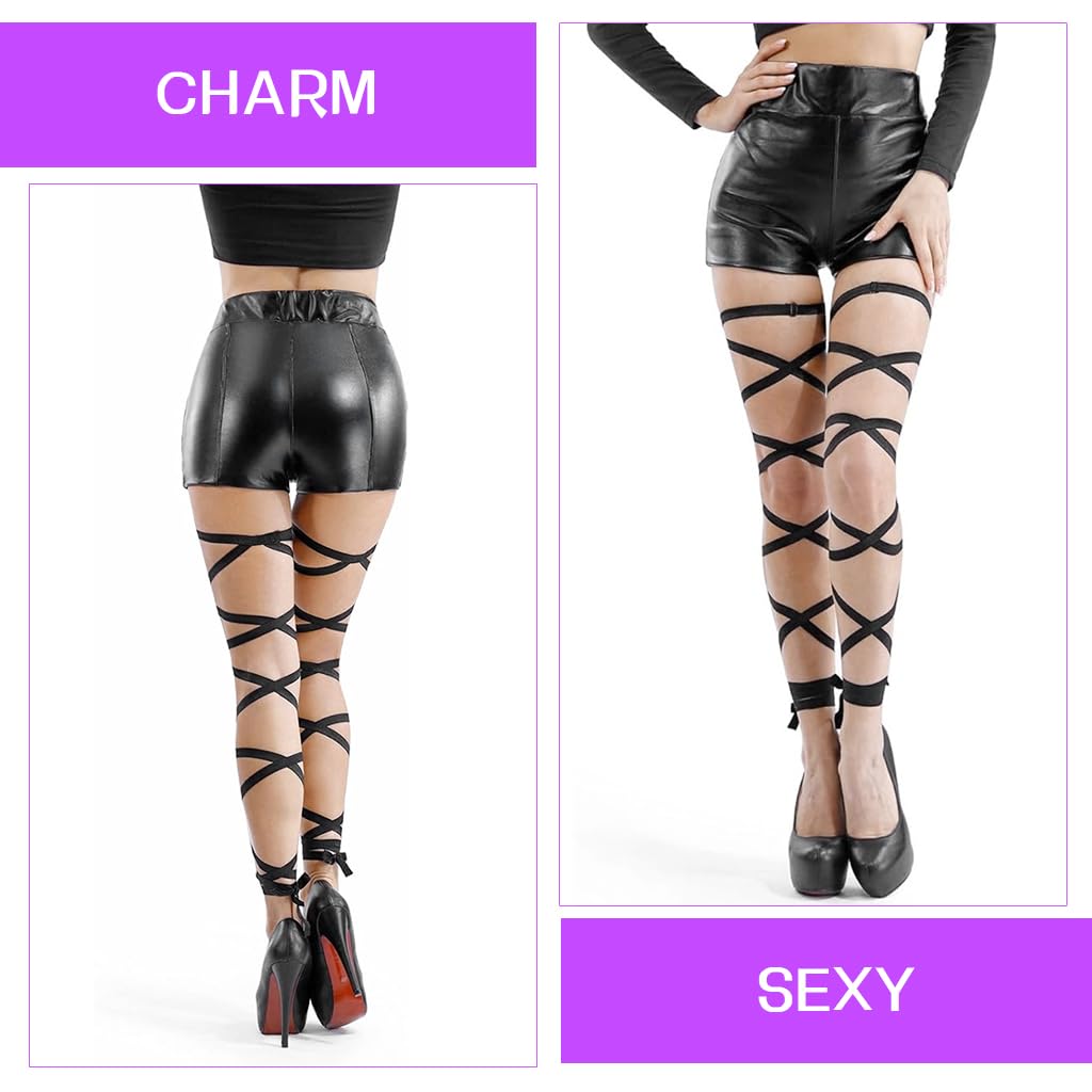 PALAY® Leg Wraps One Pair of Non-Slip Black Leg Wraps Stylish Women Stretchy Leg Wrap Ribbons